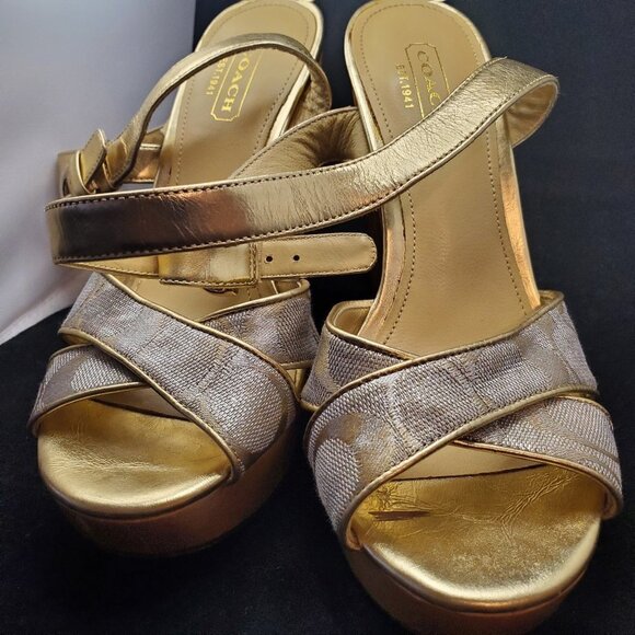 Coach Carlyn Gold and Wooden Heels w/Ankle Strap SZ 5 - Picture 5 of 7